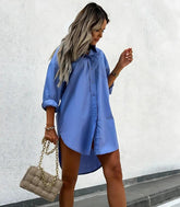 Chemise Feminina Oversized Manga Longa com Botões e Barra Arredondada Azul